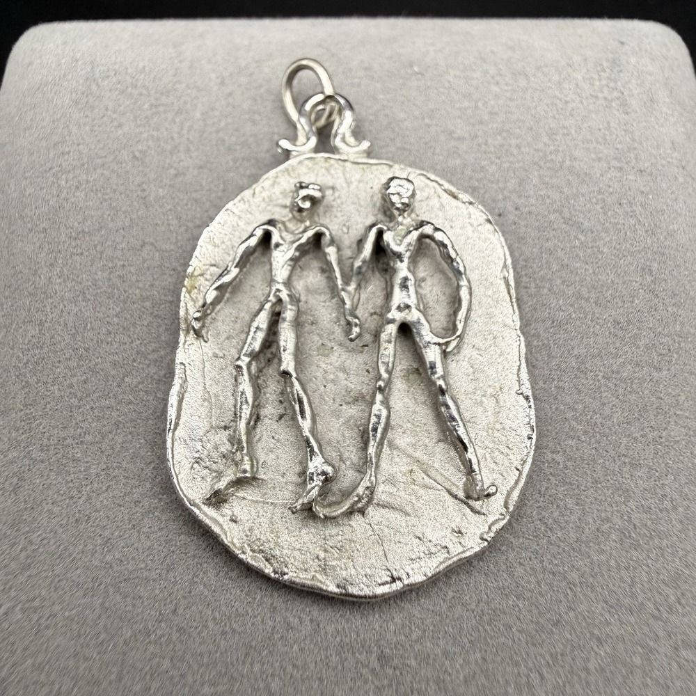 925 Sterling Silver Gemini Zodiac Pendant Abstract Brutalist Vtg Artisan 7.22g
